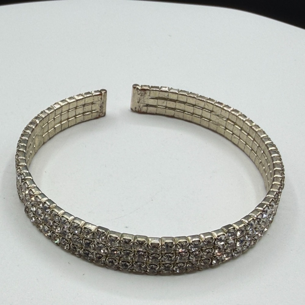 Silver Tone 3 Row Rhinestone Cuff Bracelet Clear Crystal Statement Glam Y2K Gift
